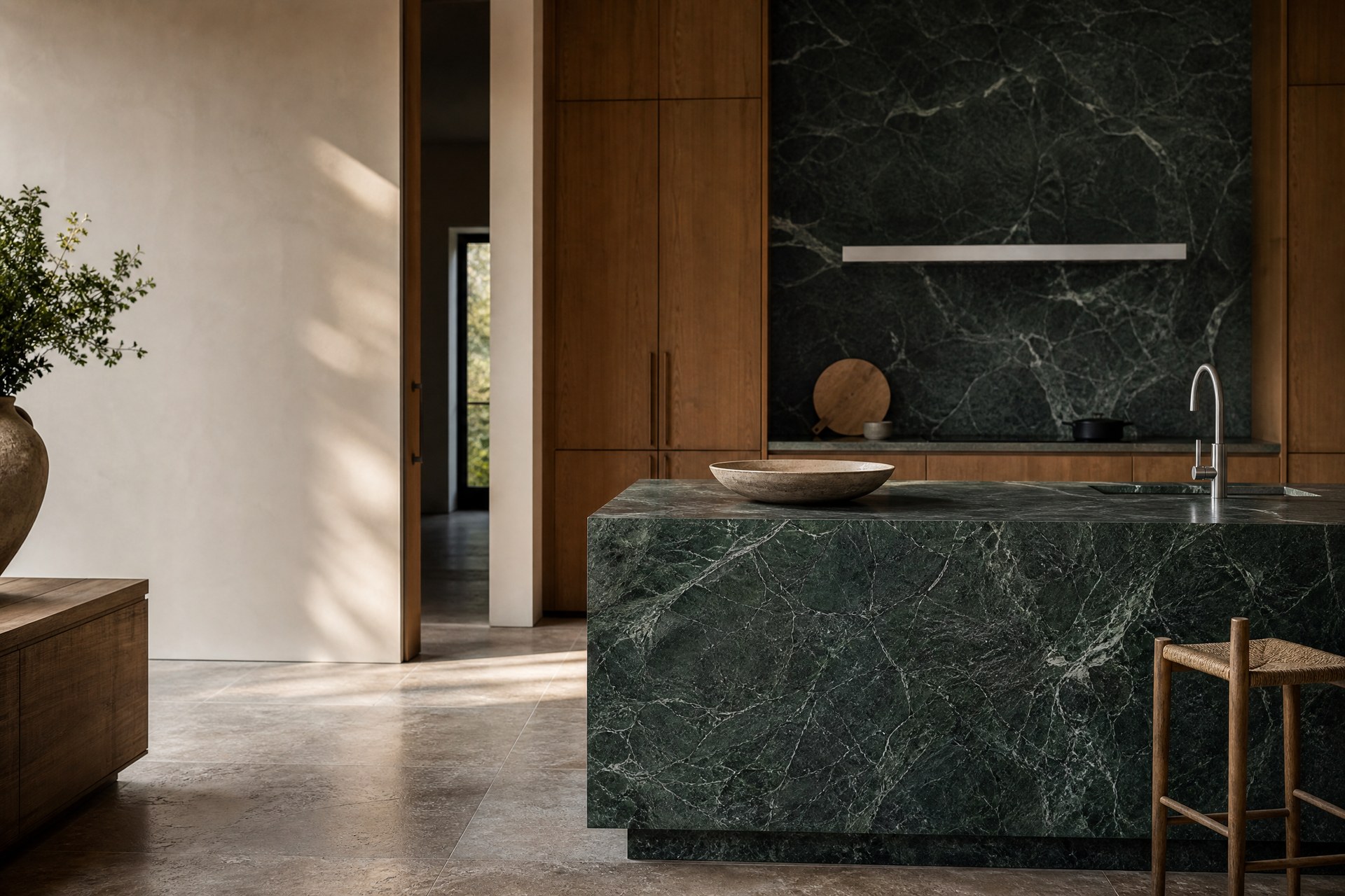 Cocina contemporánea con isla de piedra natural verde oscura